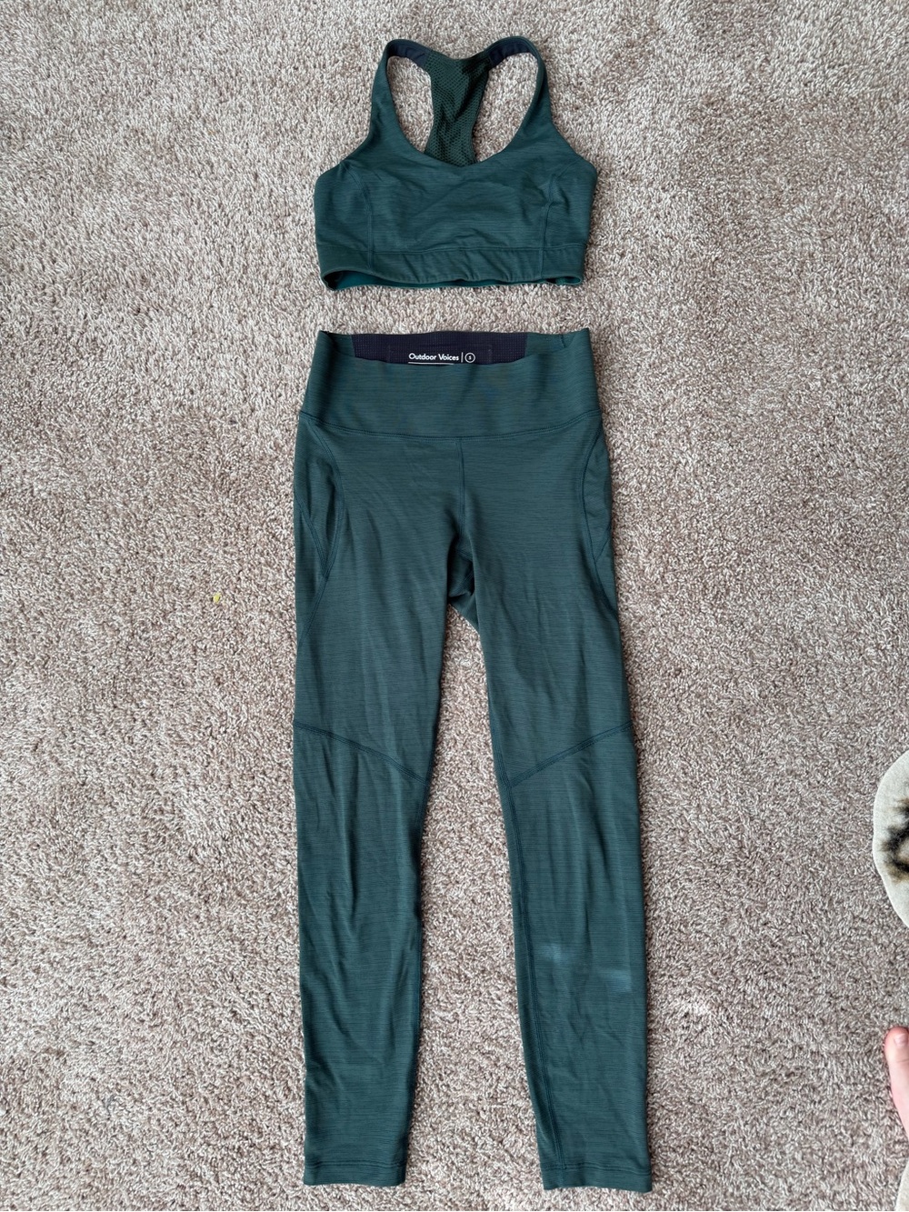 2 Piece Outdoor Voices Dark Forest Green Leggings and Racerback Sports Bra Set